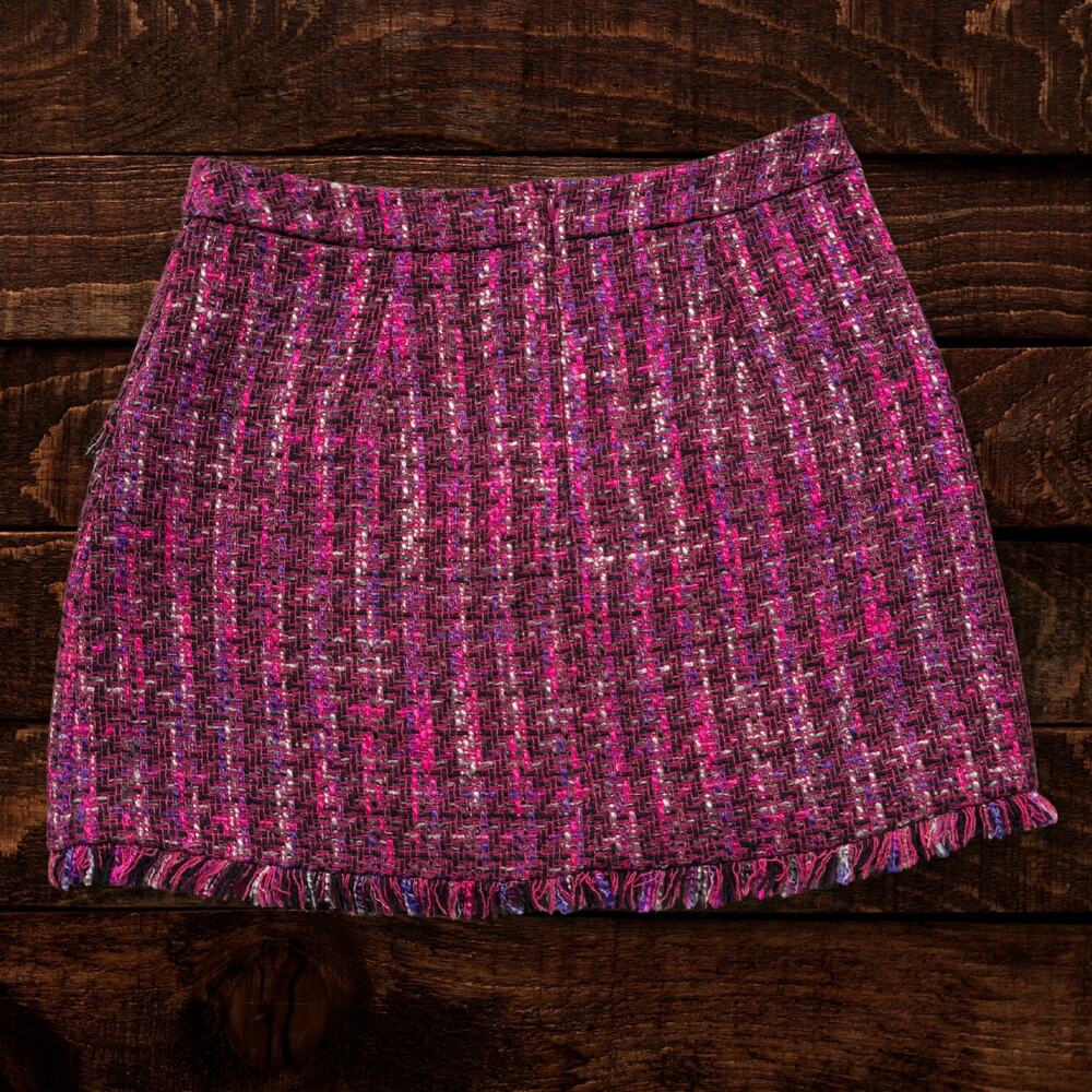 Zara Basic Magenta Pink Tweed Mini Skirt Fringe Trim Preppy Bouclé Medium - Picture 3 of 10